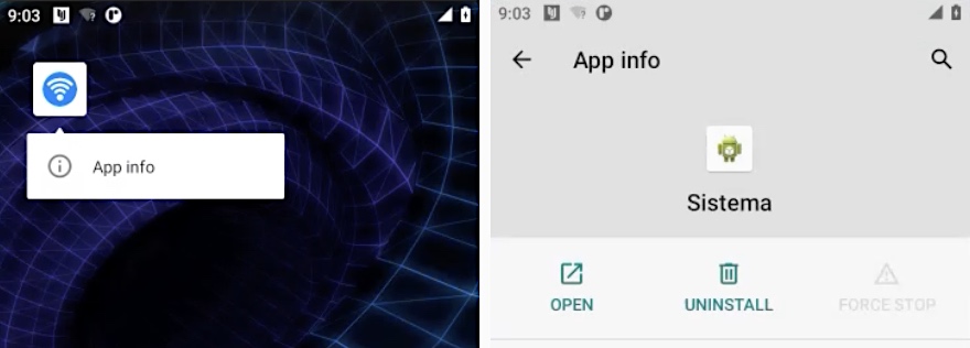 This "WiFi" app icon, when tapped, will actually show as an app called "System," designed to look like an Android system app, but is actually WebDetetive spyware.