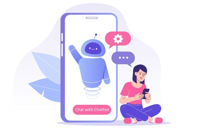 Chatbot illustration with woman sitting in front of oversized phone with bot on it.