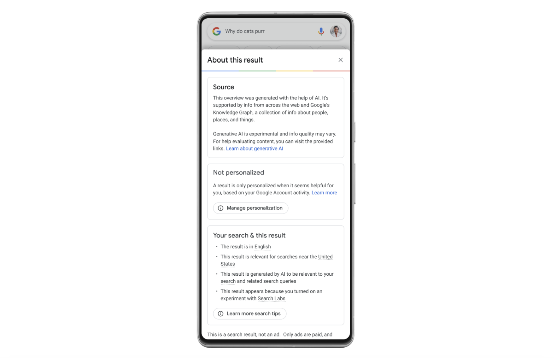 Google's new About This Result feature depicted on a phone