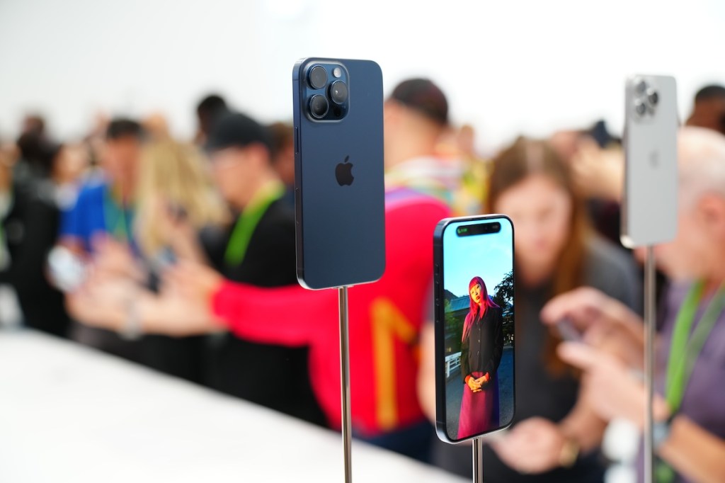 iPhone 15 Pro on stands at the Apple Event 2023