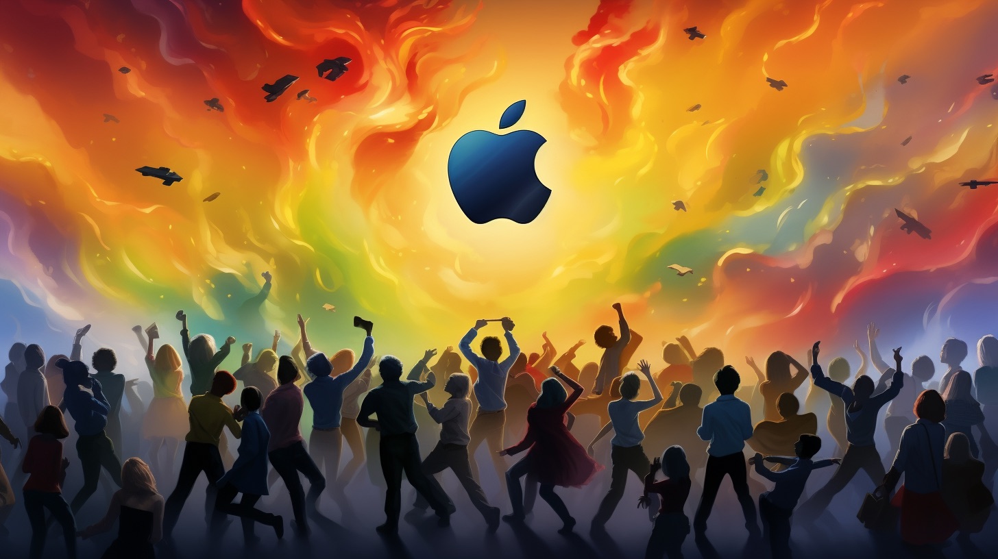 lots of people dancing around an Apple logo on a colorful background