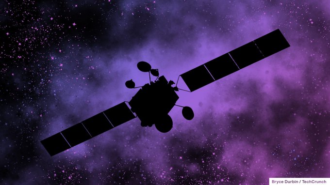 a satellite floating in space, a black, purple and pink background