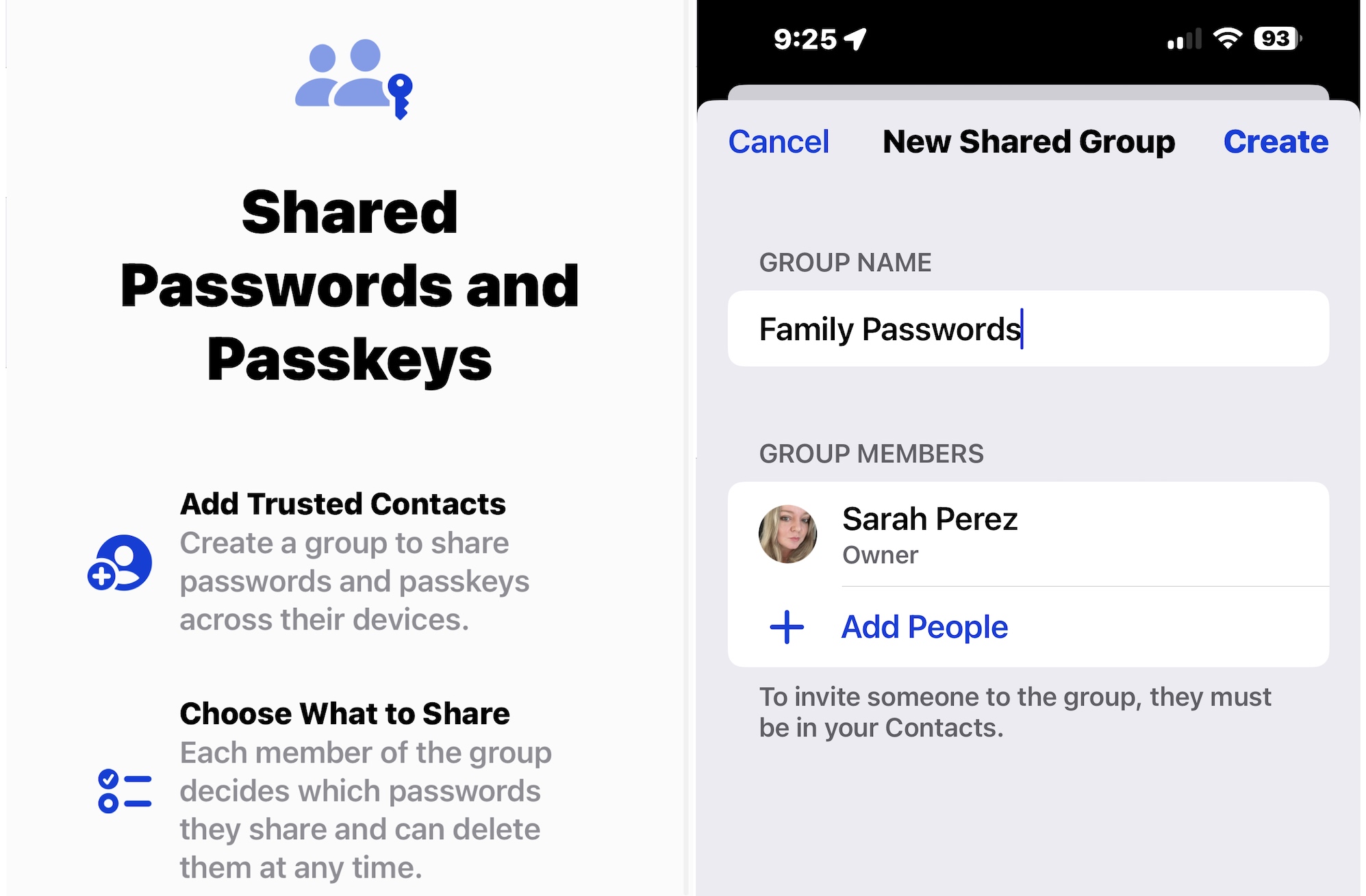 Two side-by-side screenshots showing shared passwords and access keys, including the ability to set shared credentials that are end-to-end encrypted