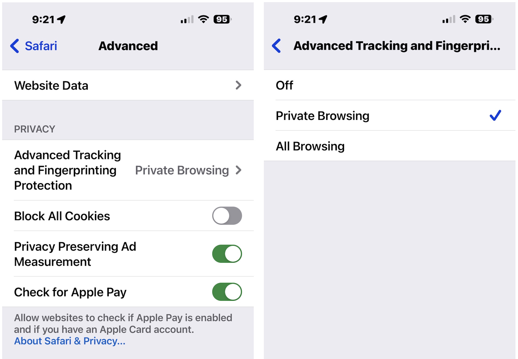 Two screenshots side by side of Safari settings with an option to switch on Advanced Tracking and Fingerprinting Protection