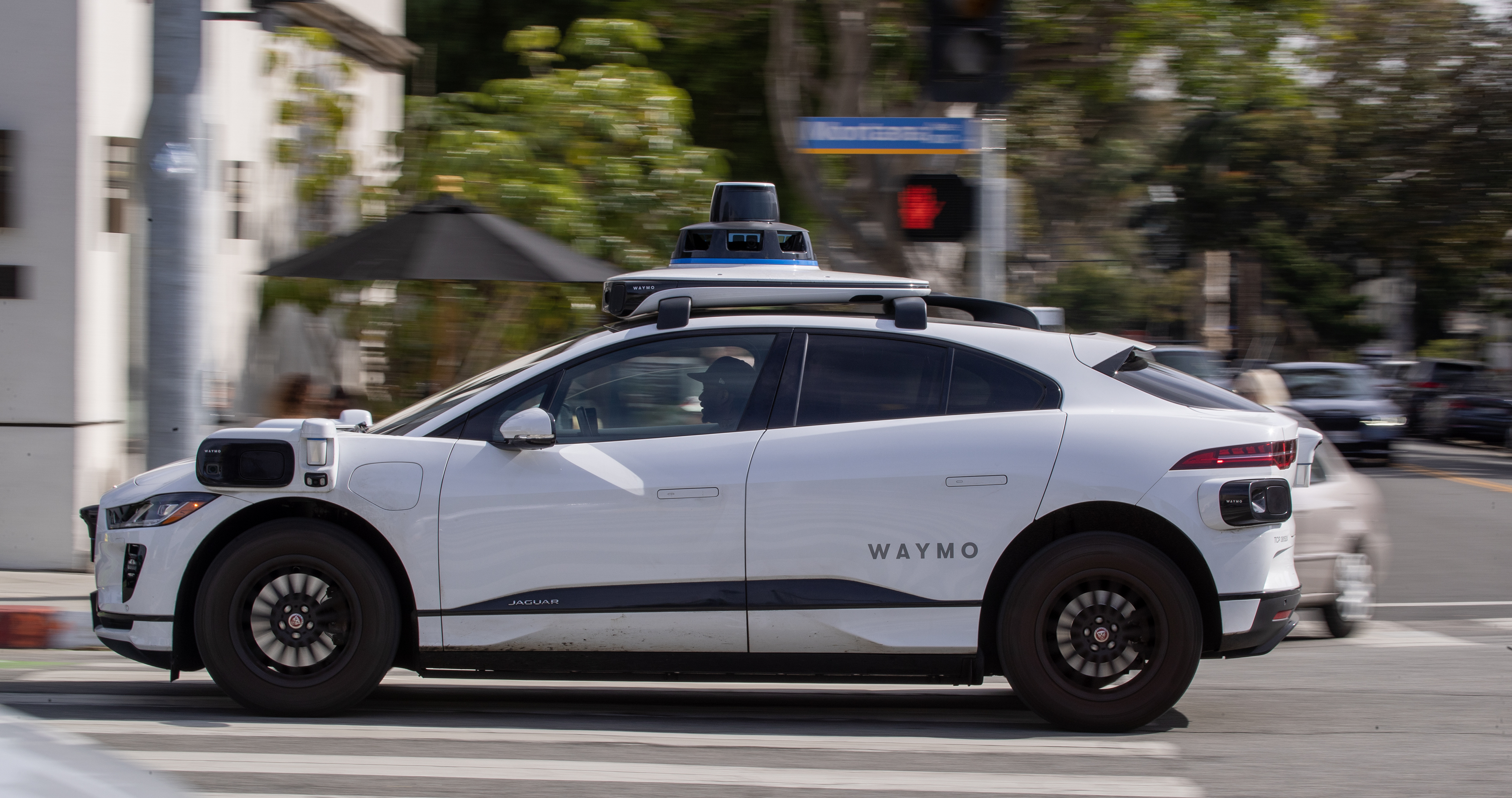 A Waymo autonomous vehicle operating on a tree-lined street in Santa Monica.