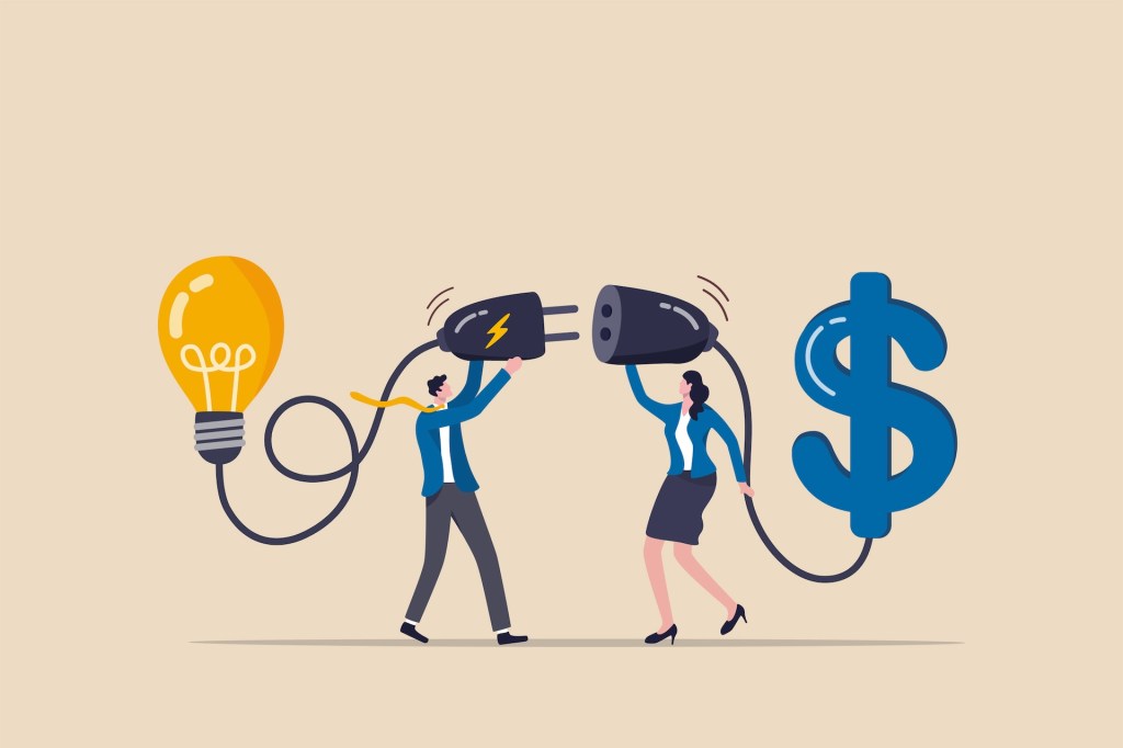 Venture capital or financial support for startups and entrepreneurs, idea of ​​making money or presentation of ideas for fundraising concept, businessman and woman connect light bulb with dollar sign.