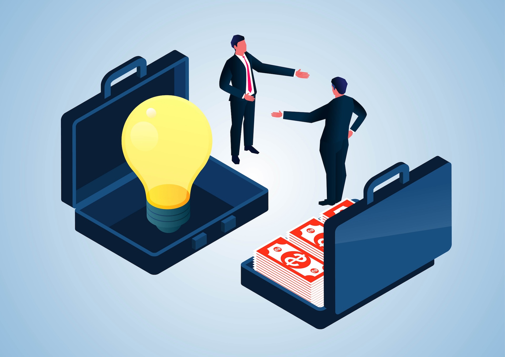 Isometric businessman selling ideas to client standing near suitcase full of banknotes, businessman trying to convince client to buy his creative light bulb, creativity and marketing.