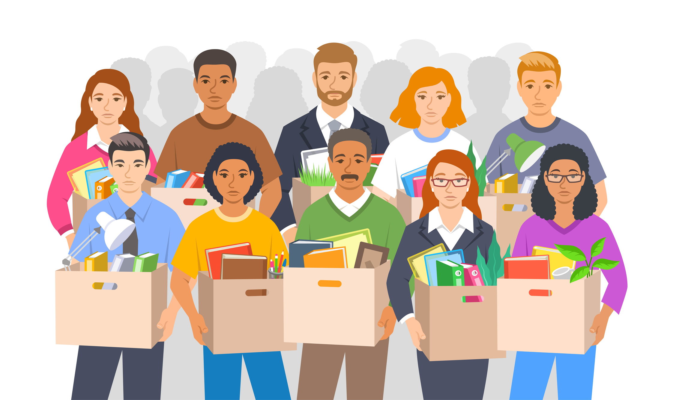 Illustration of a group of people recently laid off and holding boxes.