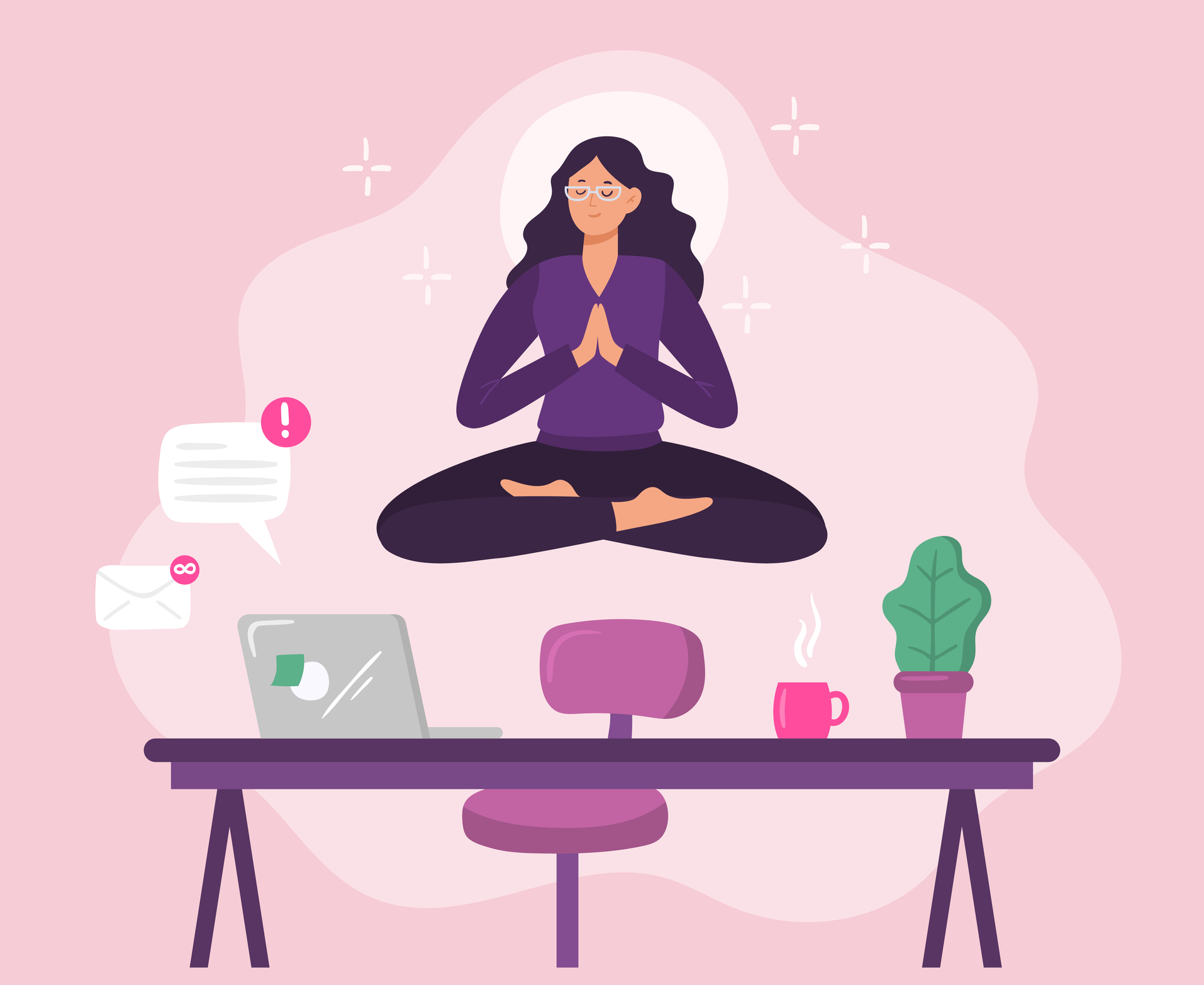 Illustration of women meditating, floating above her desk while work swirls around her.