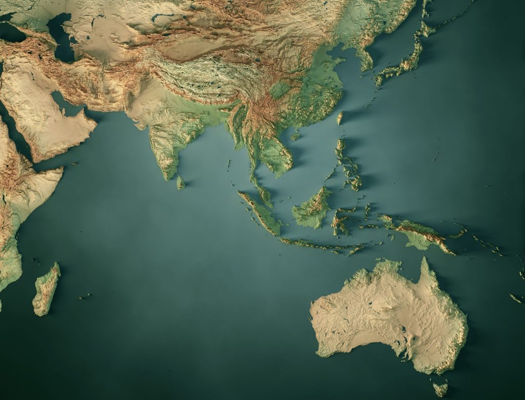 3D rendering of a topographic map of Asia and Australia.