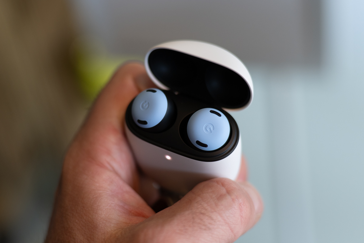 Google Pixel Buds Pro in new Bay color, in the case with the lid open