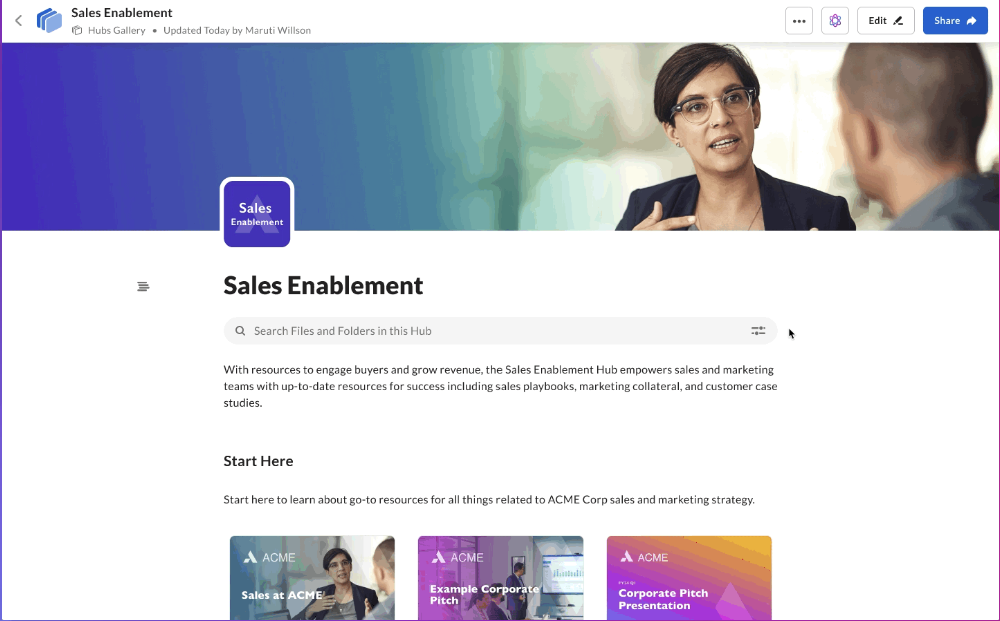 Sales Enablement Box Hub with sales content.