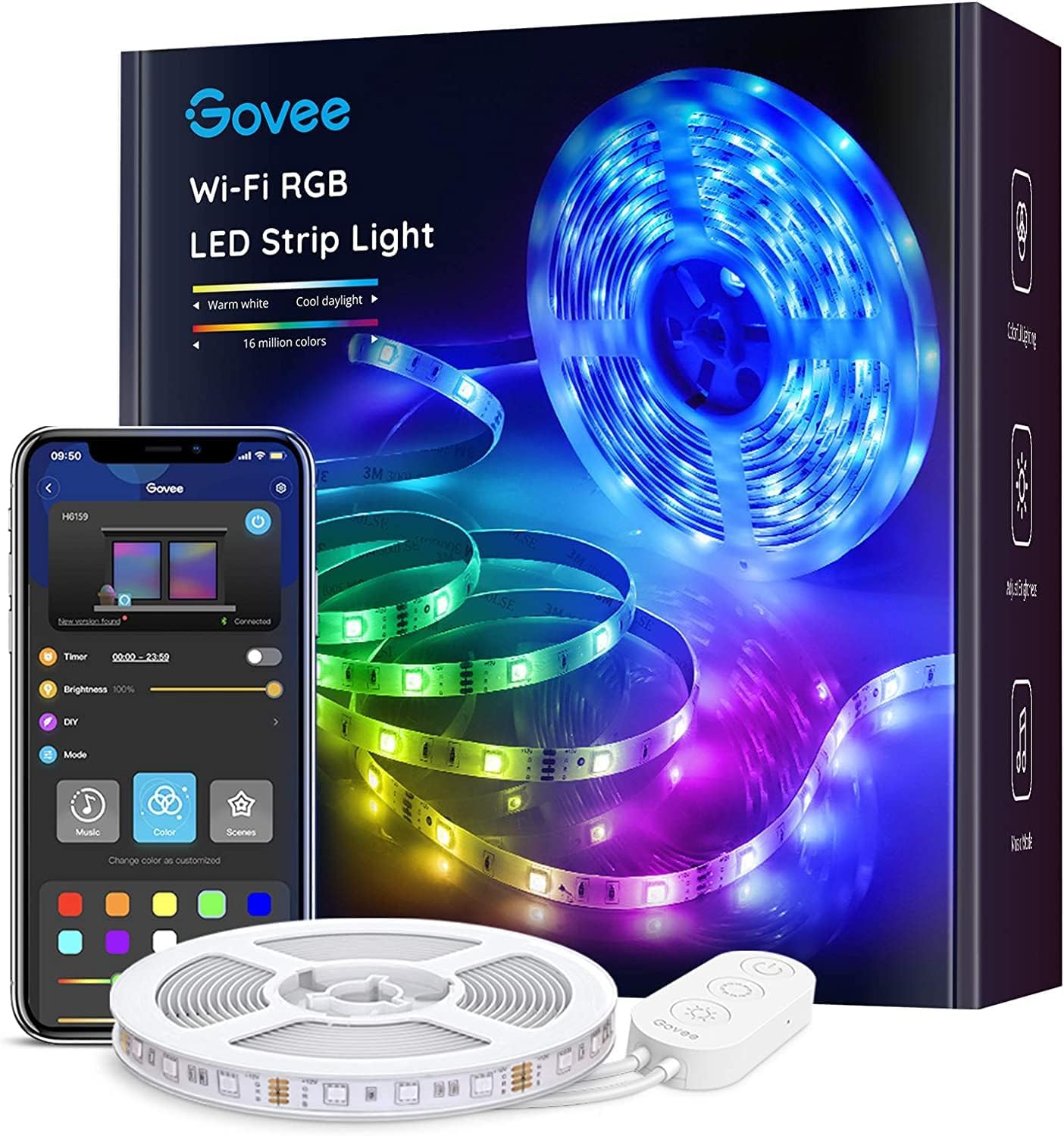 A box of Govee smart strip lights pictures next to a phone with the controls