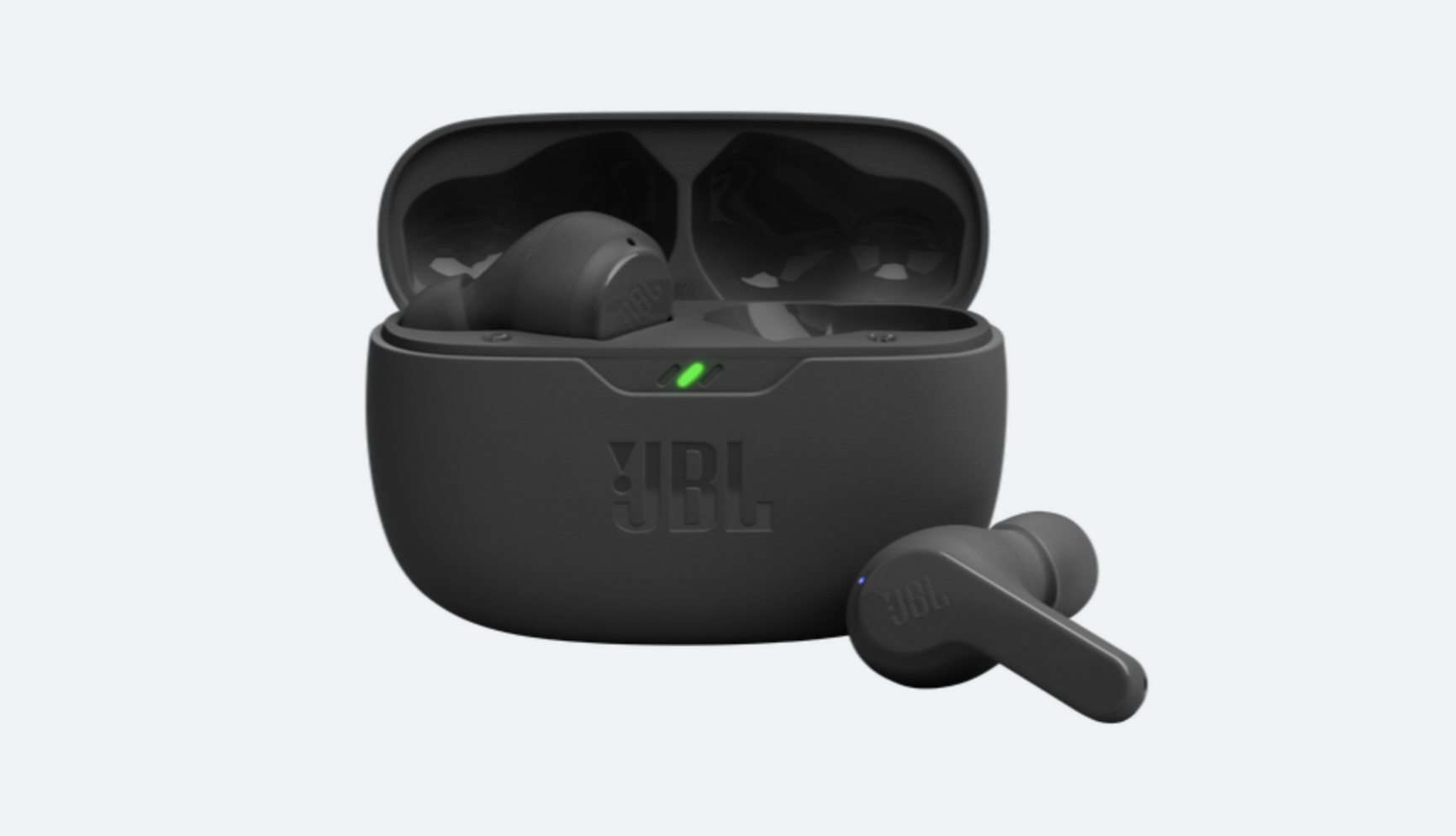A picture of the black JBL Vibe Beam earbuds