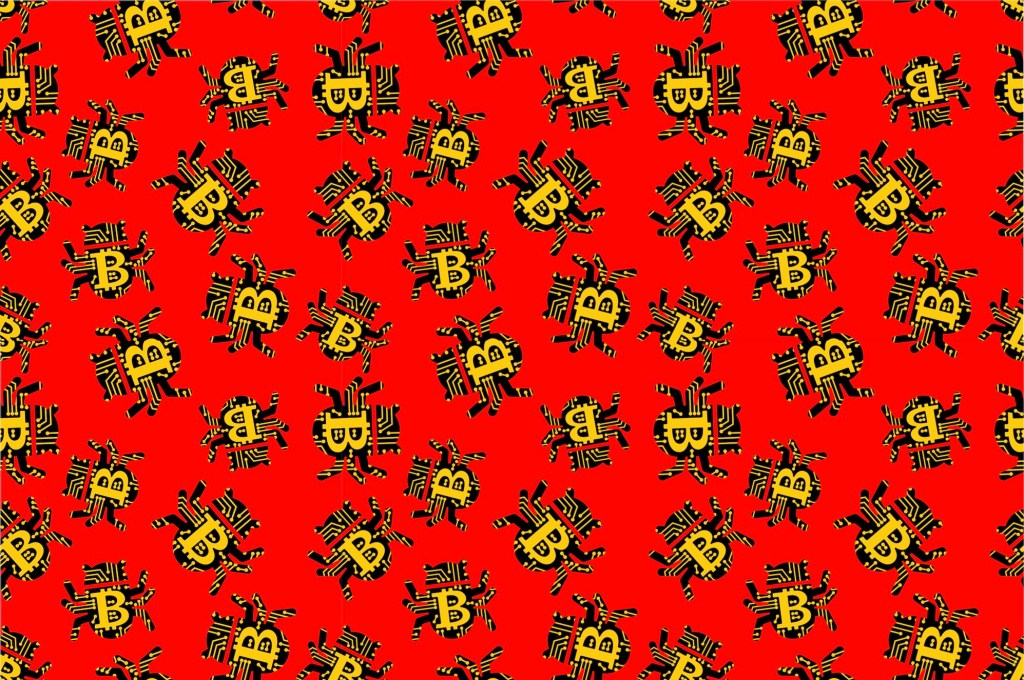 a sea of patterned green bugs with yellow bitcoin logos on them on a red background