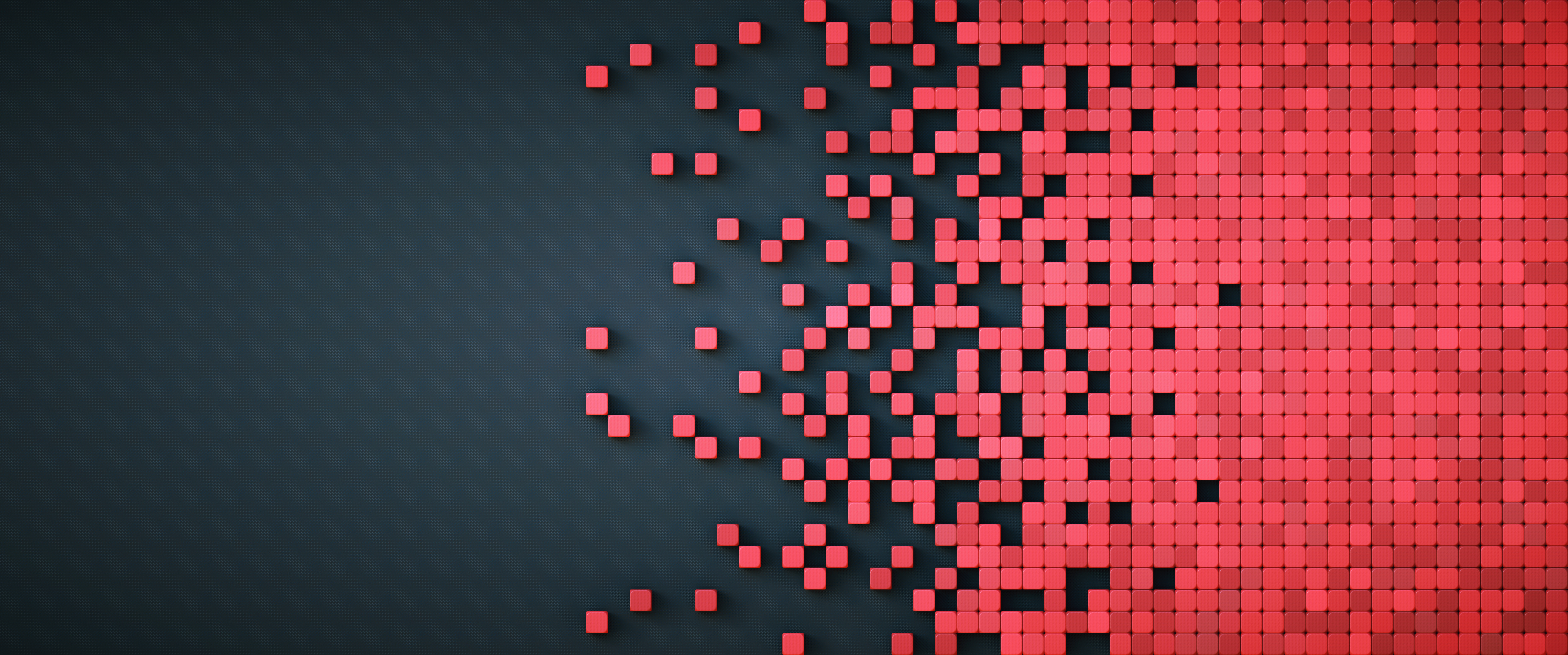Pixelated data representation with red physical cube shapes on black artificial background, tileable composition