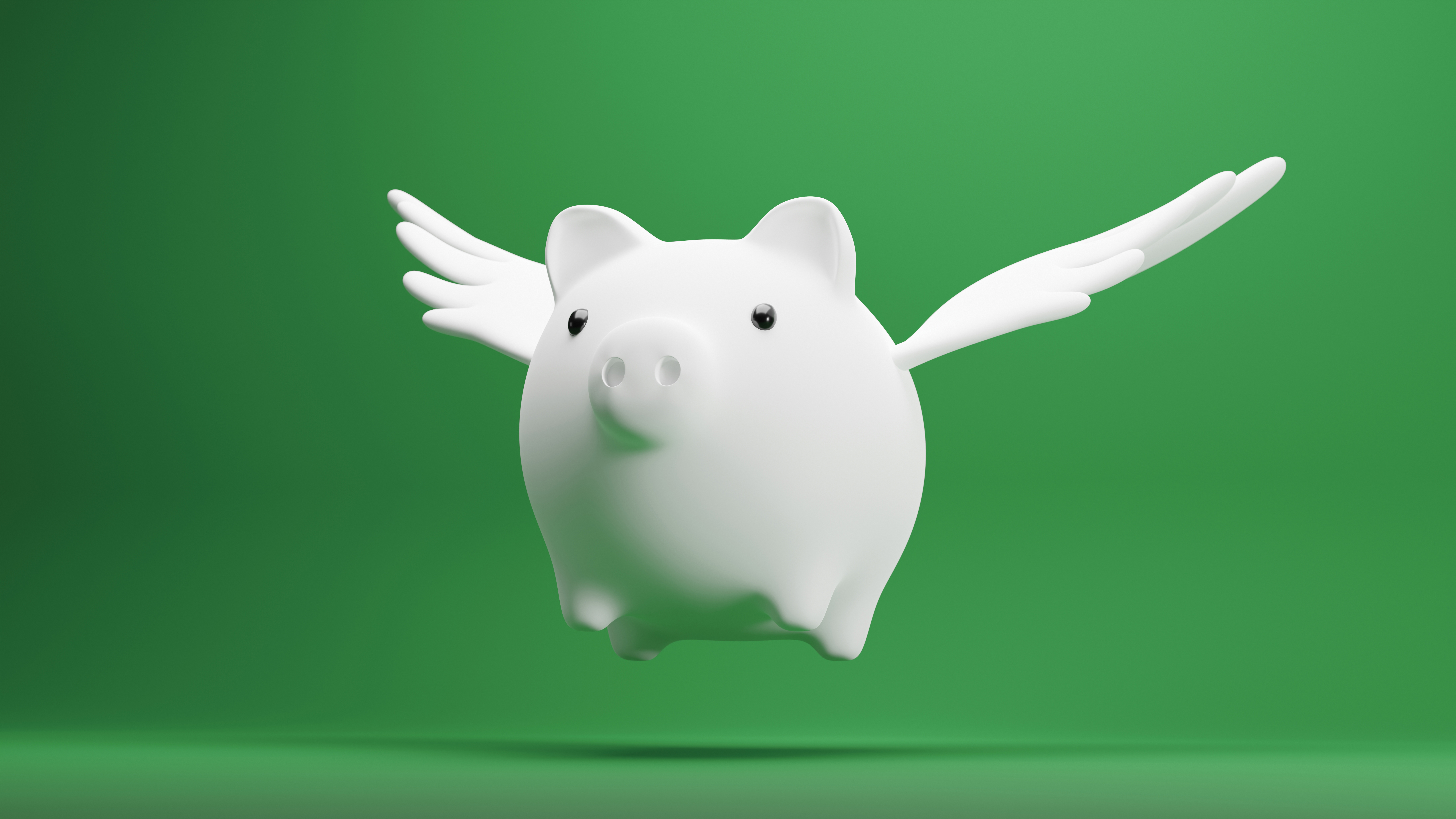 white piggy bank with wings on green background