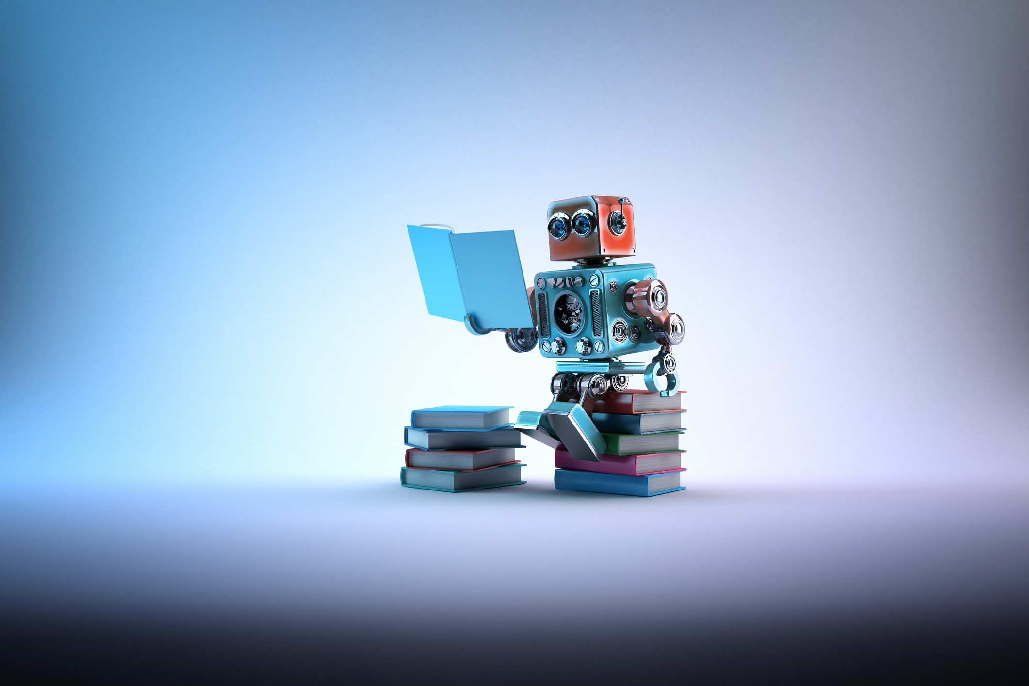 Robot sitting on a stack of books