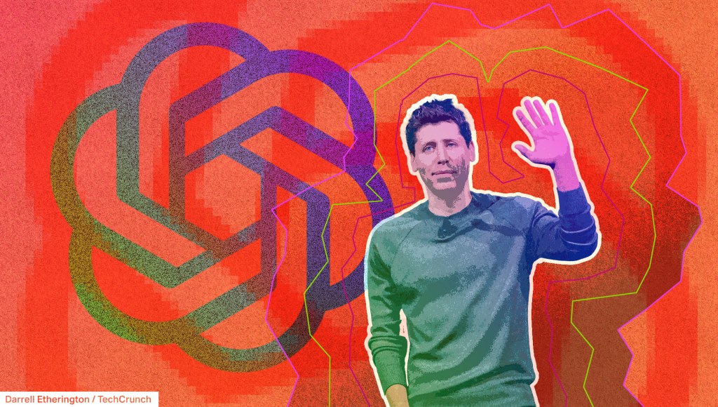 An illustration by Sam Altman in front of the OpenAI logo