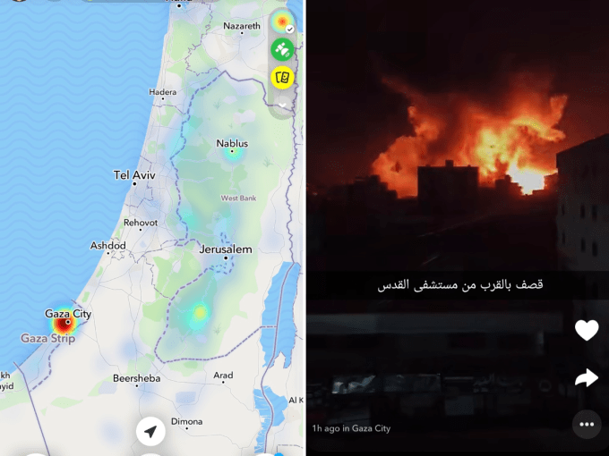Side-by-side screenshots of the Snap Map showing a hotspot in Gaza, and a screenshot of a public Story showing an explosion over a hospital. 