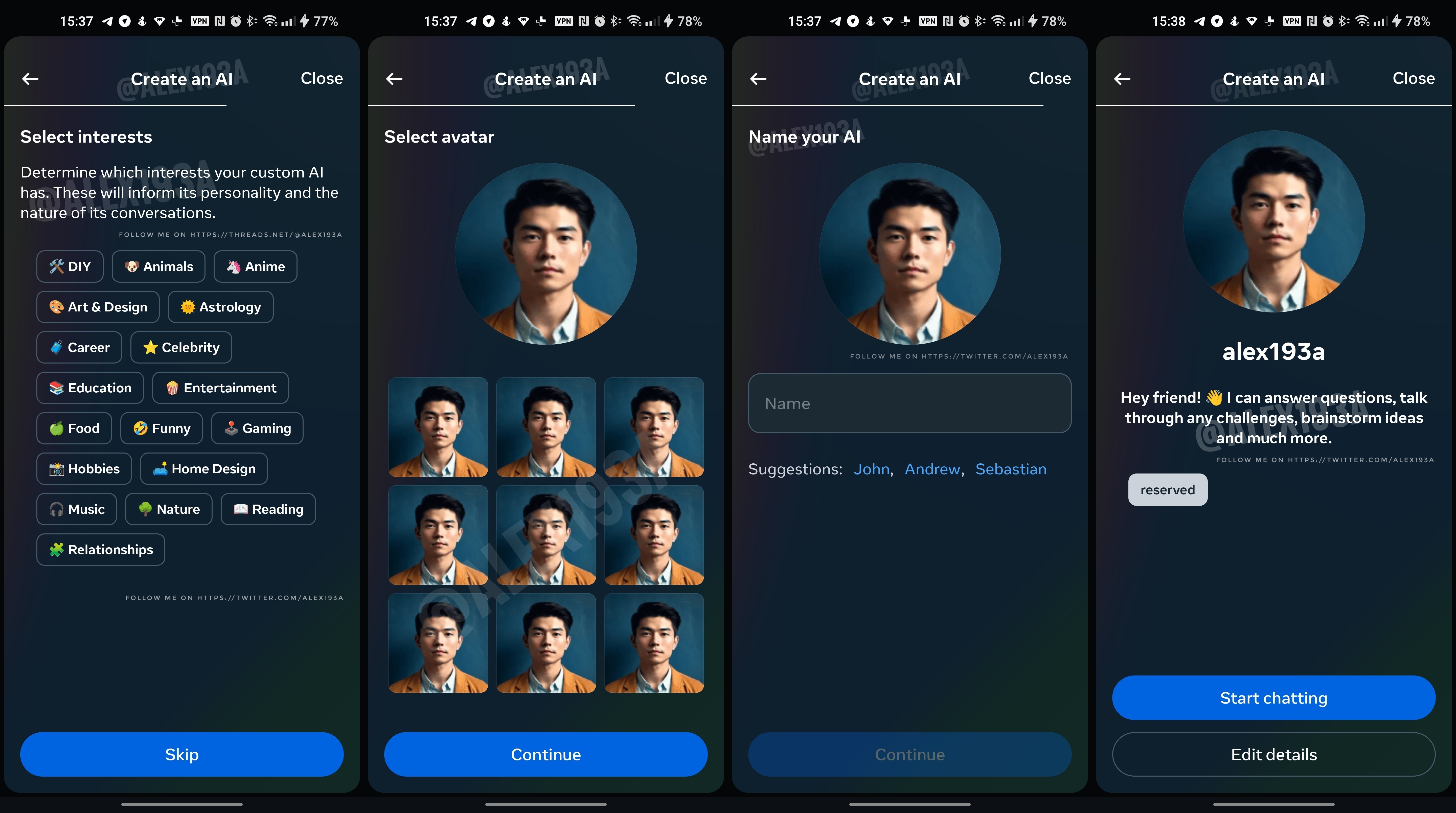 Captures d'écran d'une fonctionnalité d'ami IA développée par Instagram