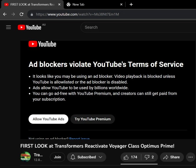 A screenshot from YouTube warning a user about using ad blockers