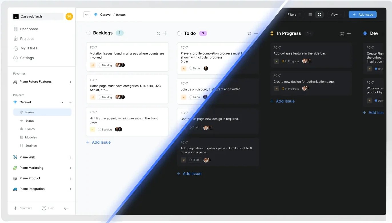 Airplane: Issues Dashboard in Light and Dark Themes