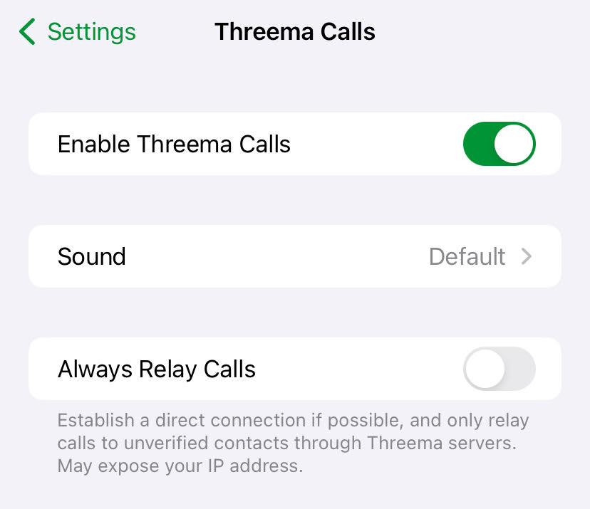 Setting in Threema to switch off peer-to-peer calls.