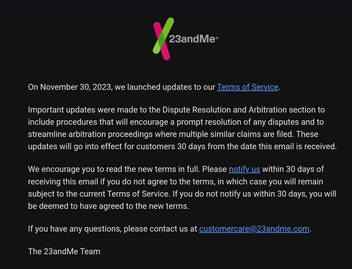 The email sent by 23andMe to its customers about Terms of Service changes.