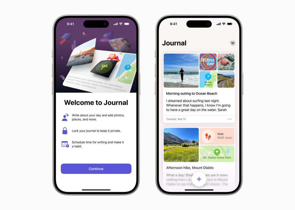 Two screenshots of Apple's new Journal app