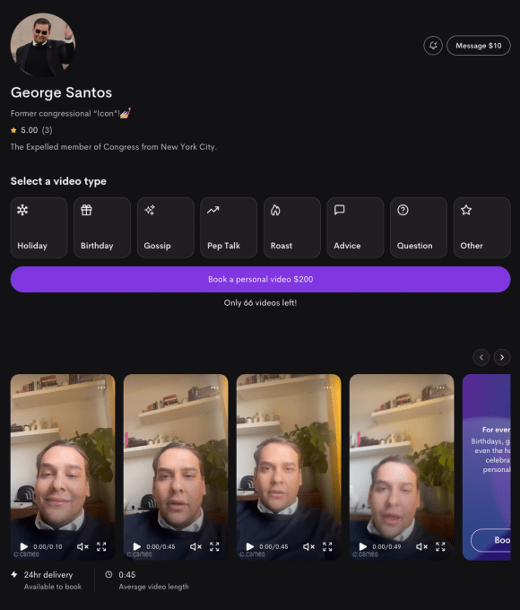 George Santos charges $200 per video on Cameo.