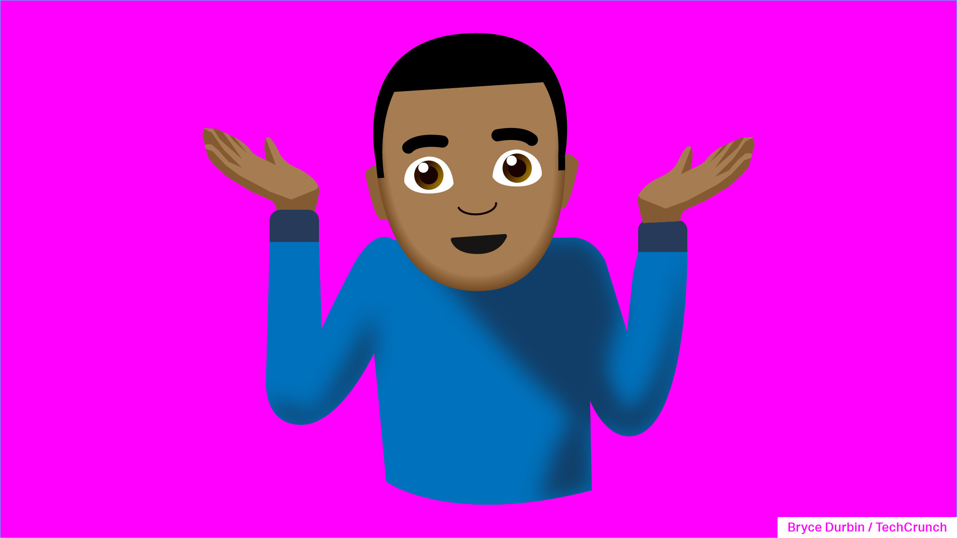 an illustration of a Black man emoji shrugging, on a purple background