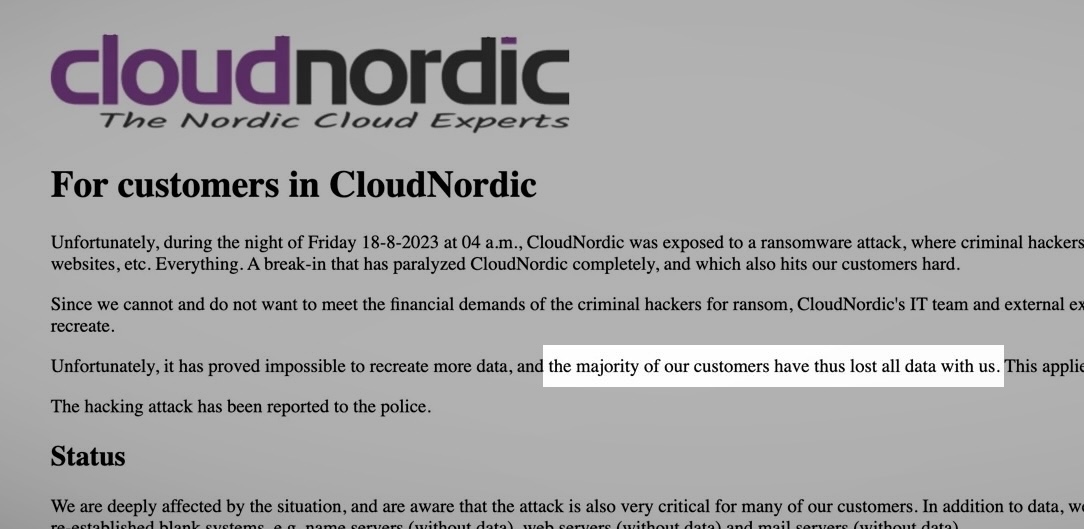 a screenshot of CloudNordic's status page that reads, 