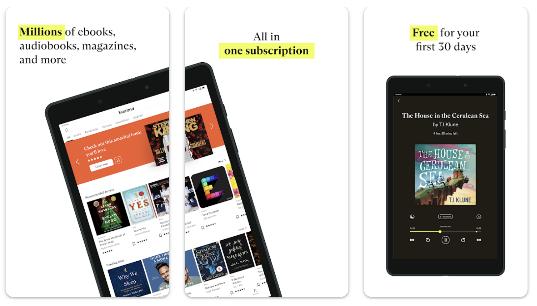 Book titles shown on the Everand app on an iPad and mobile