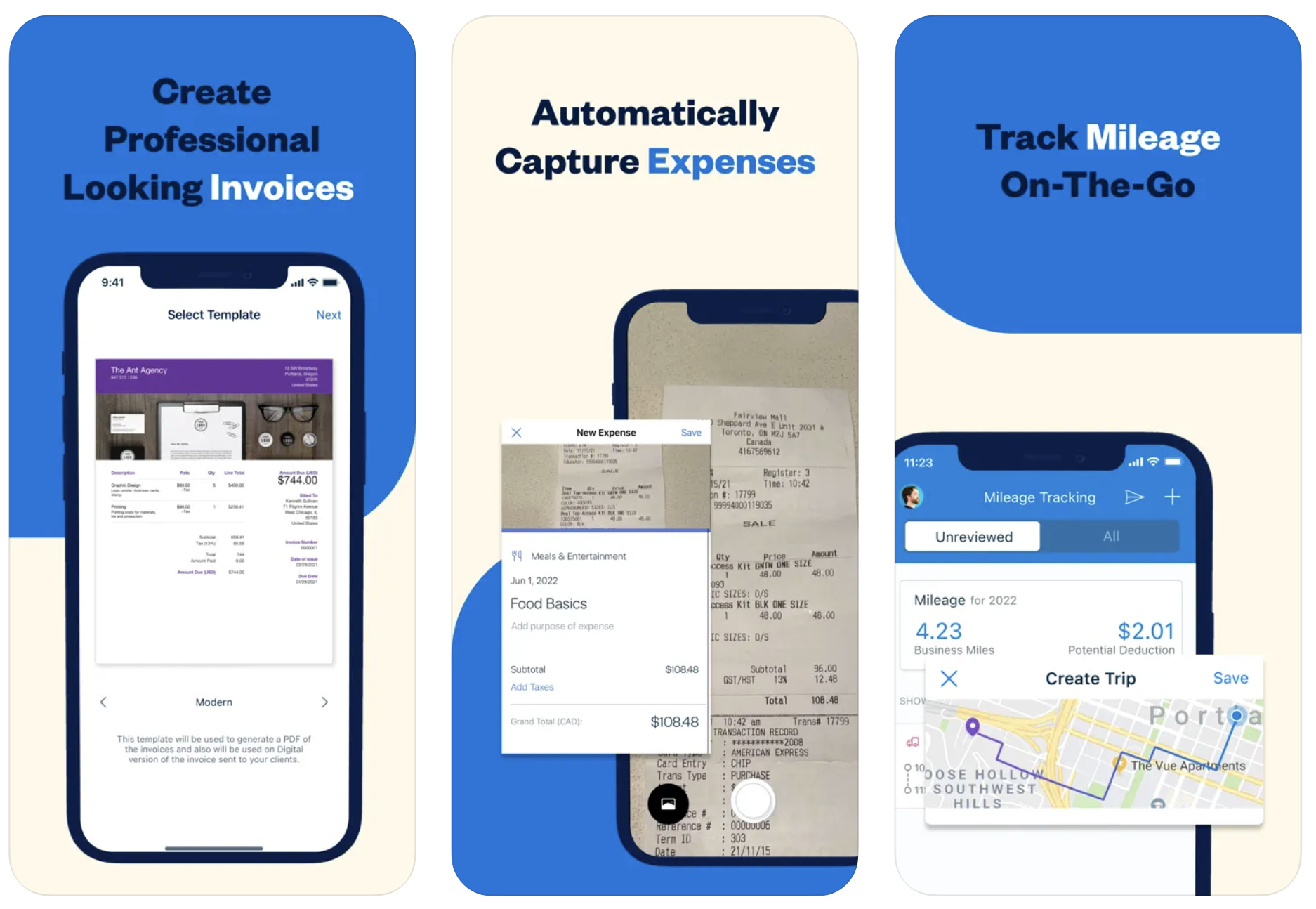 Three screenshots of the Freshbooks app