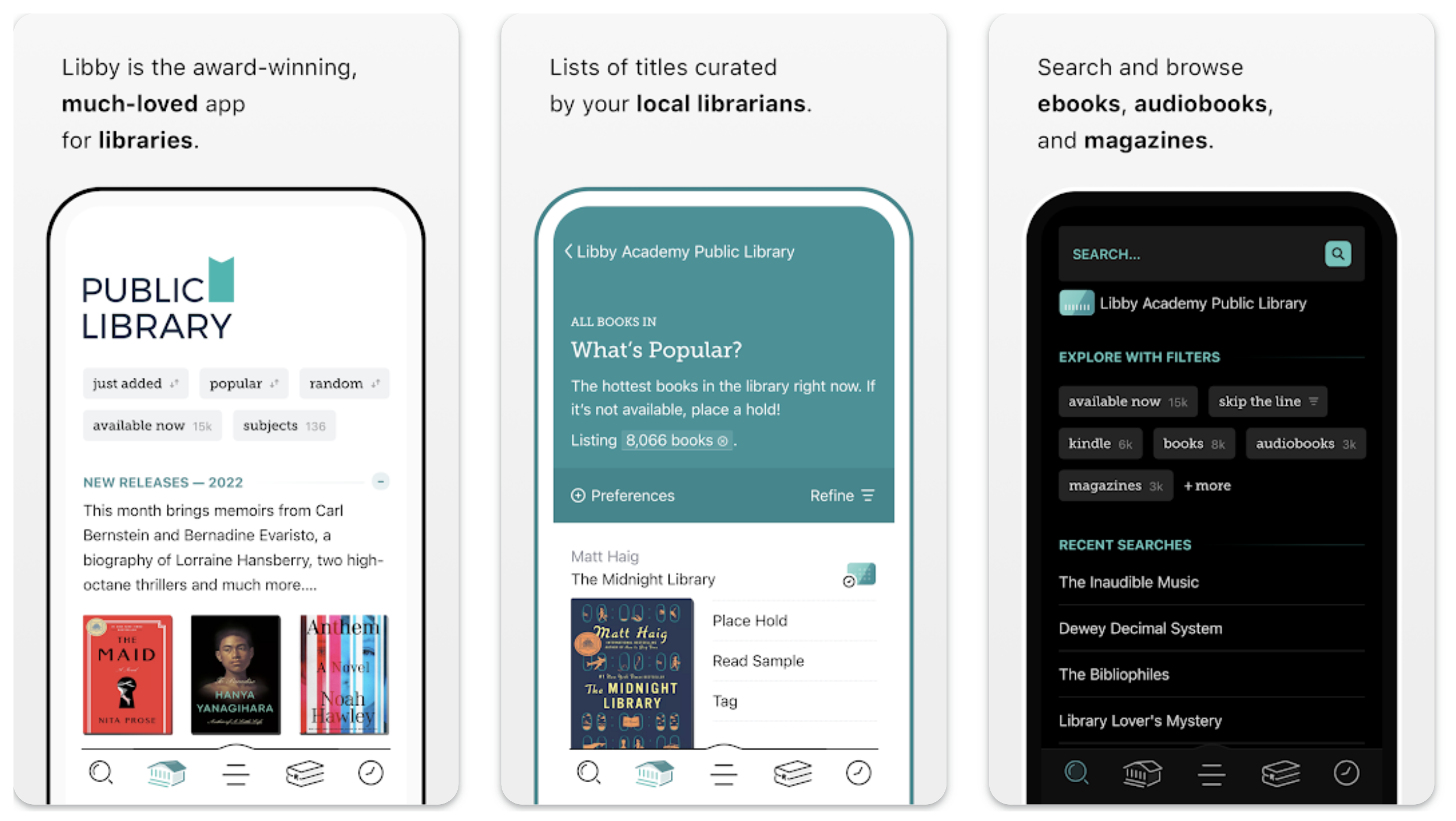 Three screenshots of the Libby app
