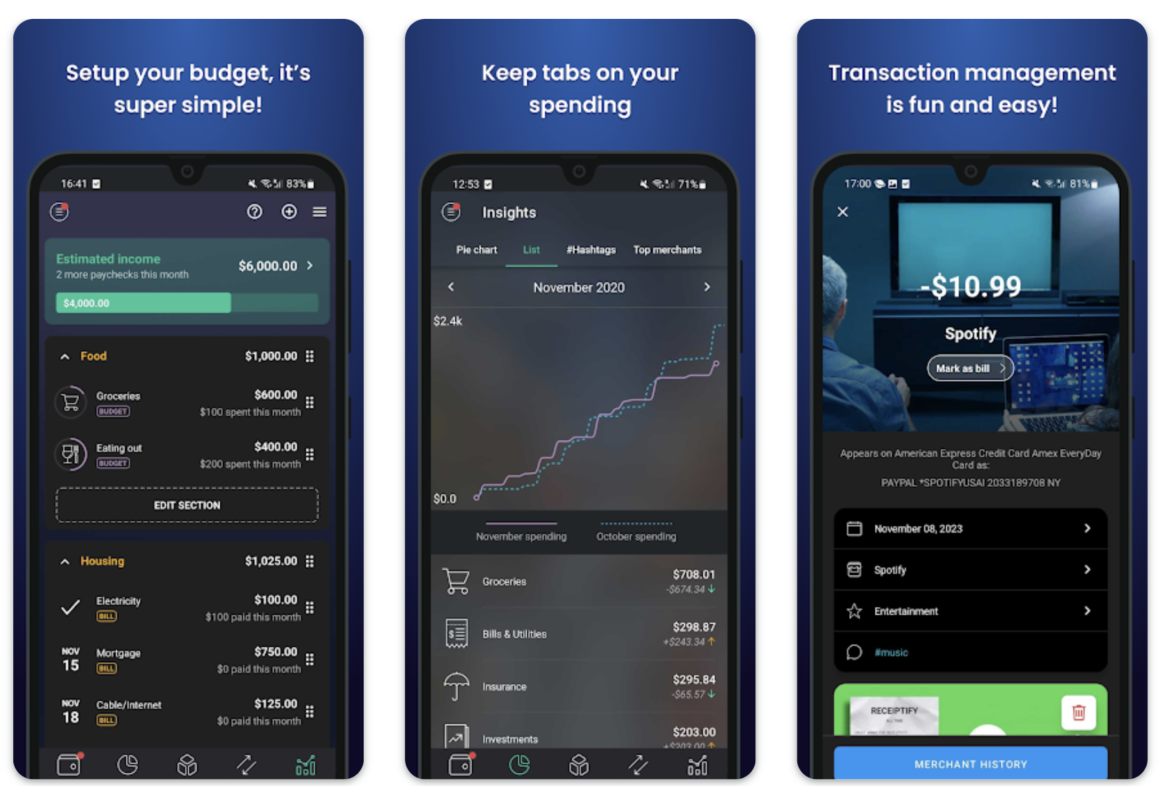 Three screenshots of the PocketGuard app