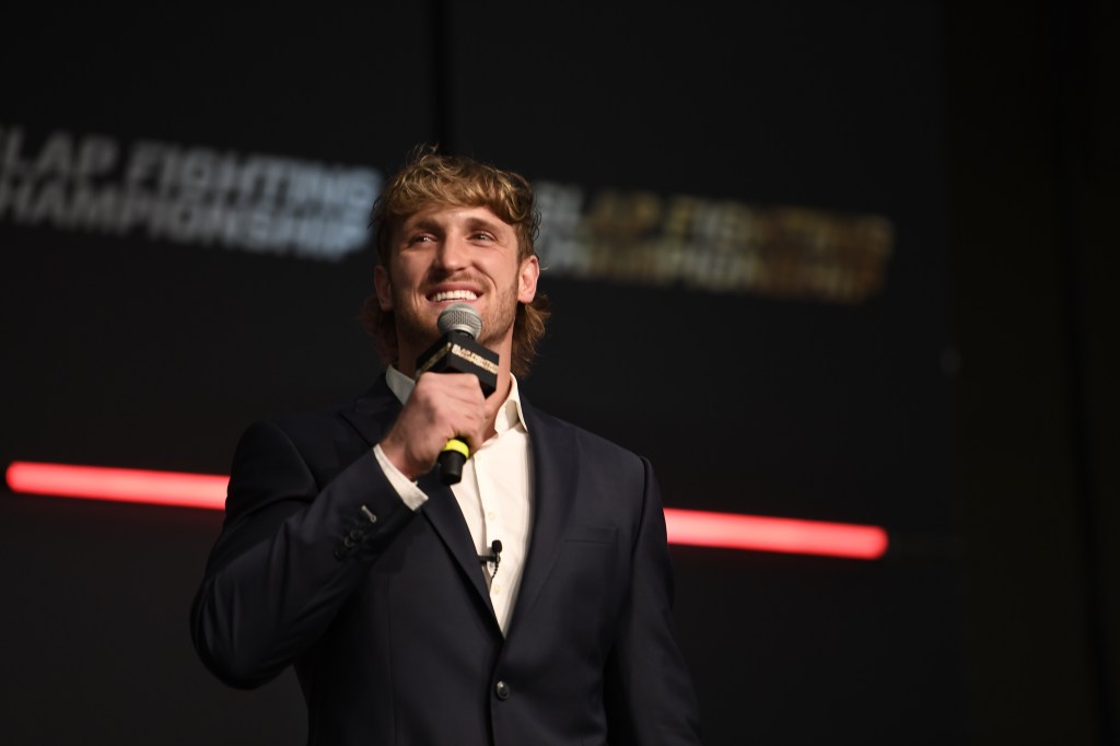 Logan Paul speaks to fans during the Slap Fighting Championships at the Arnold Sports Festival in Columbus Convention Center on March 05, 2022 in Columbus, Ohio.