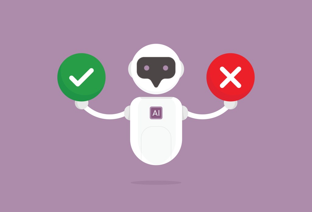 El robot tiene una marca de verificación verde y una x roja sobre un fondo violeta.