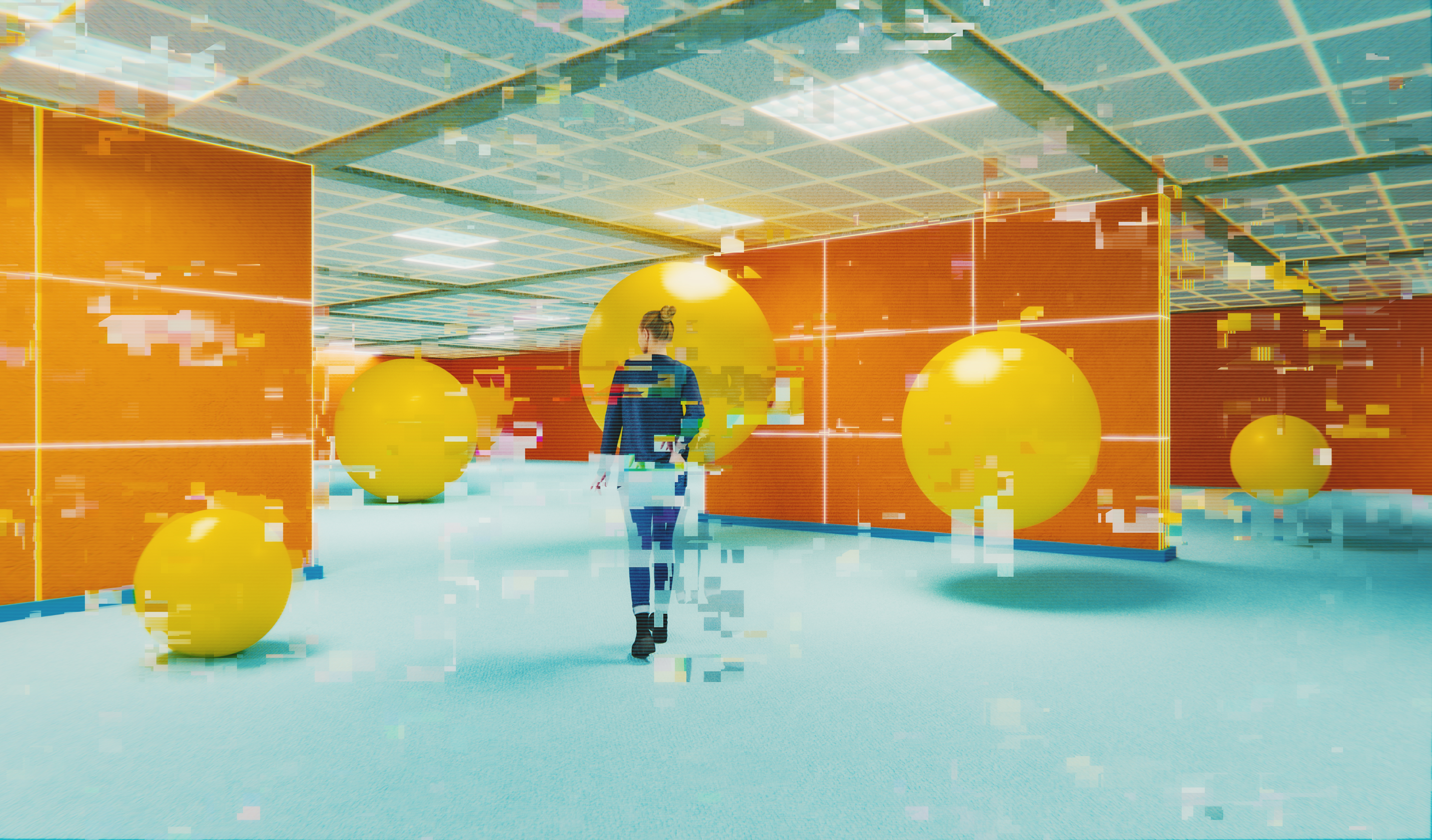 Glitchy render of casual woman walking in surreal underground retro office. 3D generated image.
