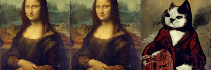 Left: The Mona Lisa, unaltered. Middle: The Mona Lisa, after Nightshade Right: AI sees the shaded version as a cat in a robe.
