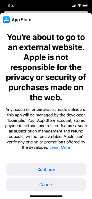 Apple's outline to show text to customers indicating that they are about use an alternative payment method