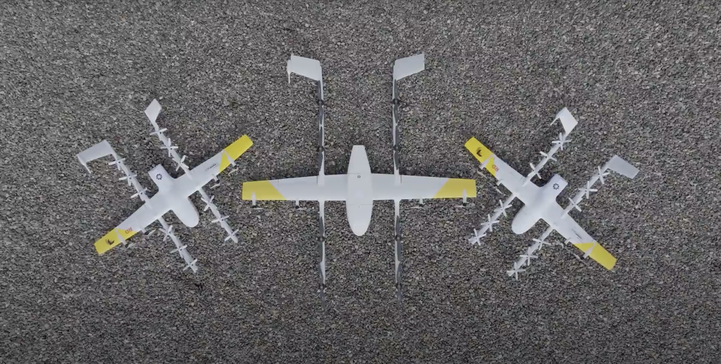 A close-up of Wing's delivery drones, screenshot from a promotional video by Alphabet.