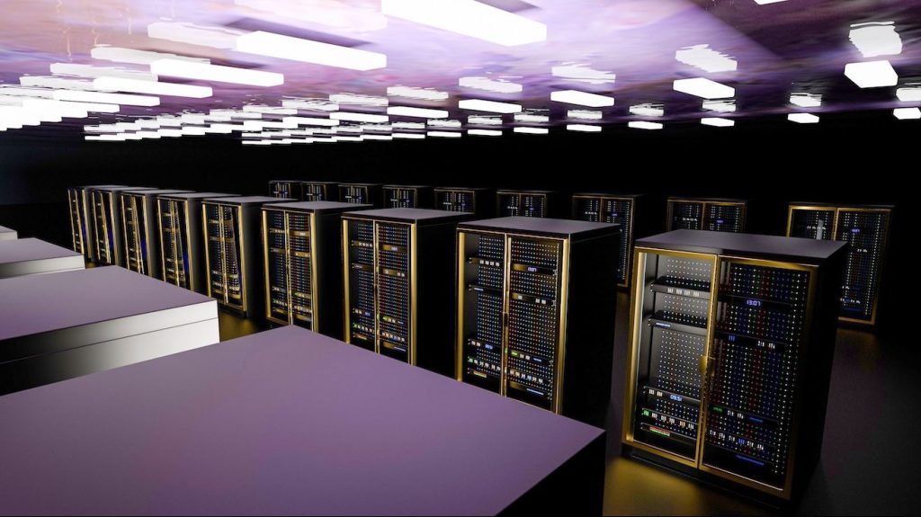 Server racks in server room cloud data center.