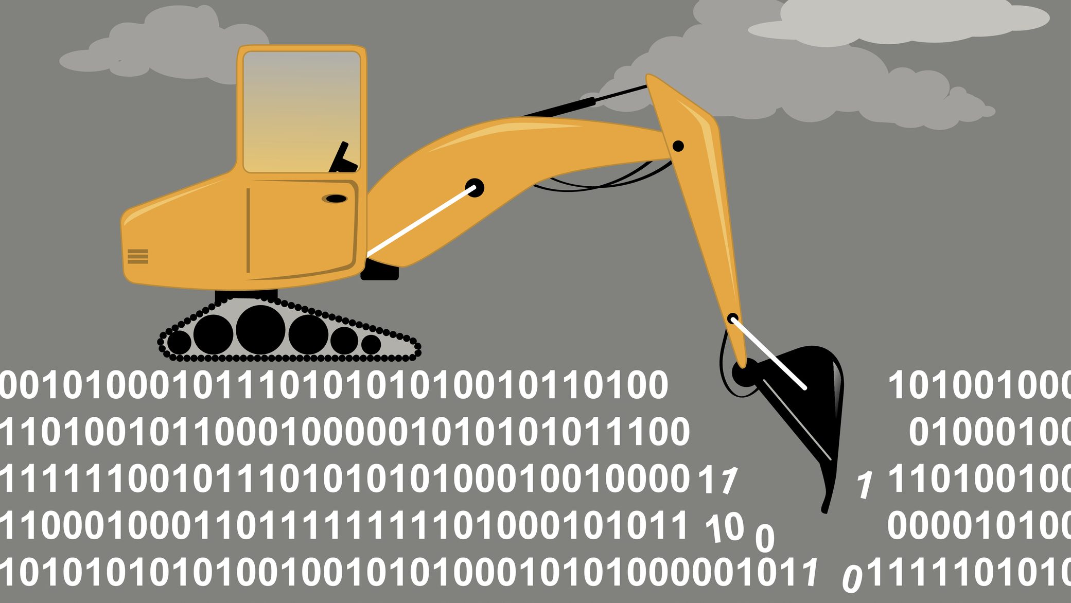 An excavator digging through binary code