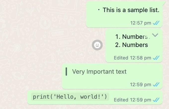 Exemplo de como ficam as novas opções de formatação no WhatsApp Web