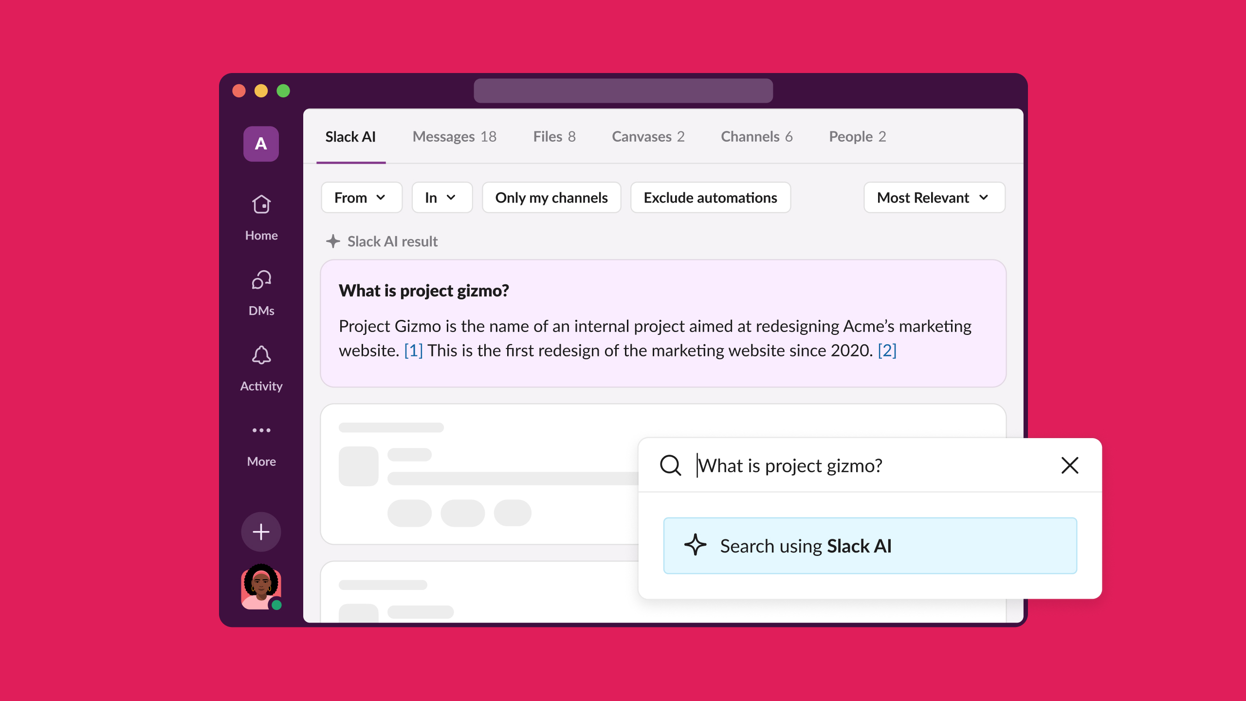 Slack AI search asking what is project gizmo and giving an answer derived from the Slack answer archive.