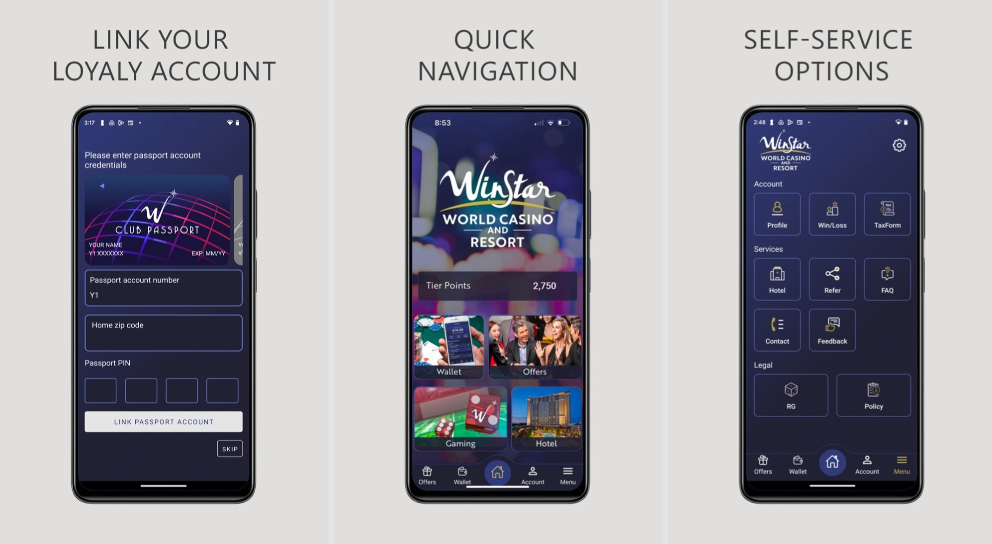 three screenshots of the My WinStar apps