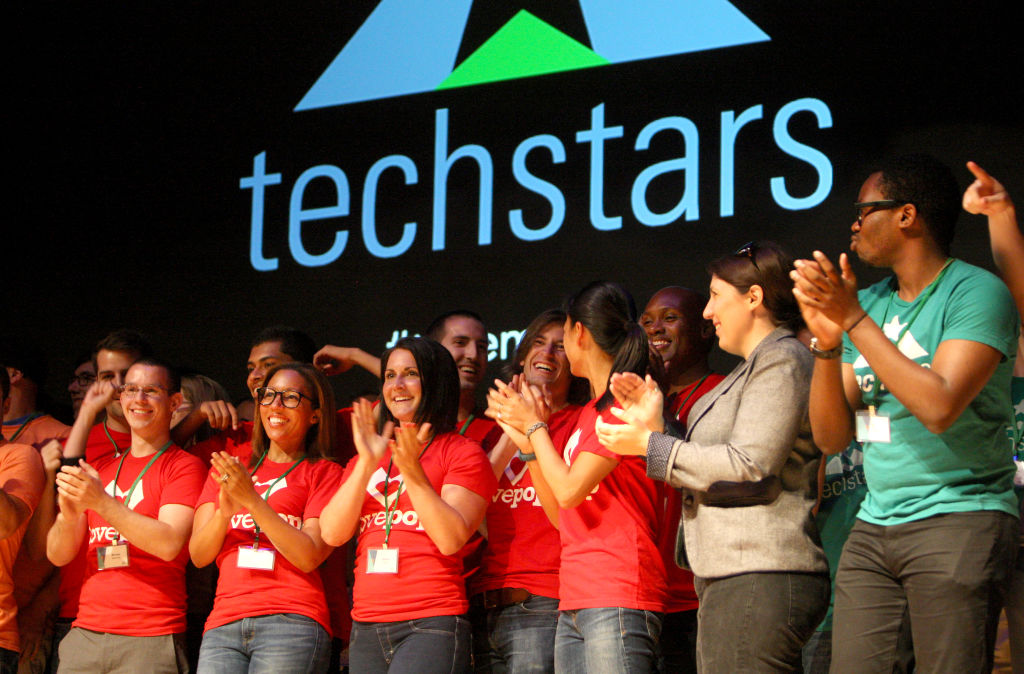 Boston, MA - September 1: Participants on stage during the opening of Techstars Demo Day at the Back Bay Events Center in Boston on September 1, 2015. (Photo by John Blanding/The Boston Globe via Getty Images)