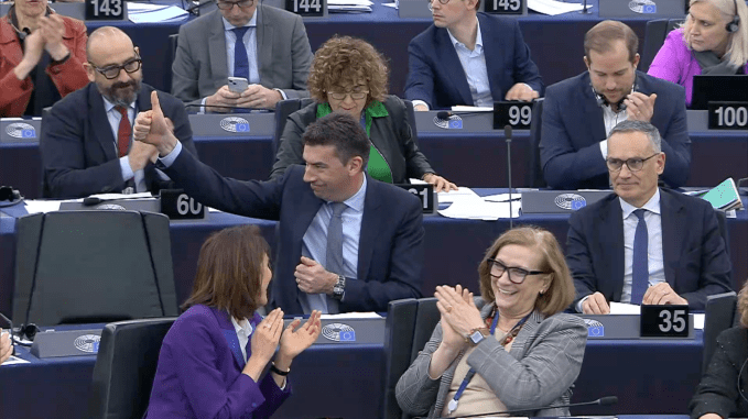 Dragos Tudorache celebrate the AI Act plenary vote in European Parliament